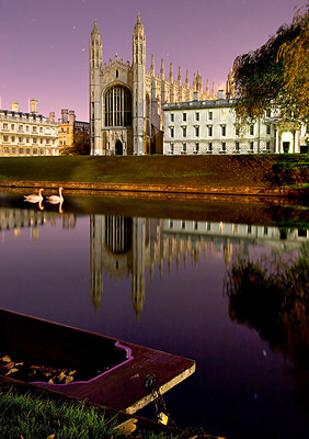 Night photo of Swans on the River Cam in front of Kings College, Cambridge